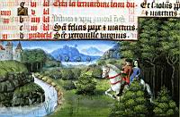 Noble a cheval et sa dame, sortant d'un bois